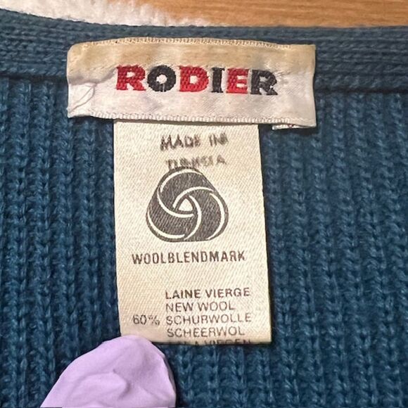 VTG Rodier Teal Blue Wool Blend LS Padded Button Cardigan Sweater Size Large - Picture 7 of 11